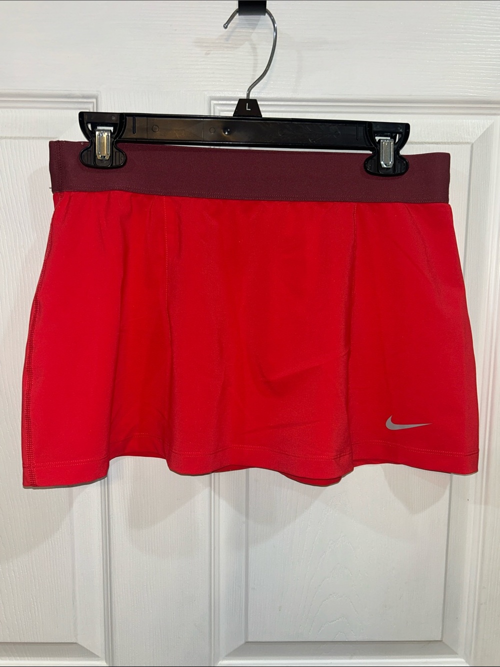 Nike Women's Red Skirt with Maroon Waistband and Silver Swoosh